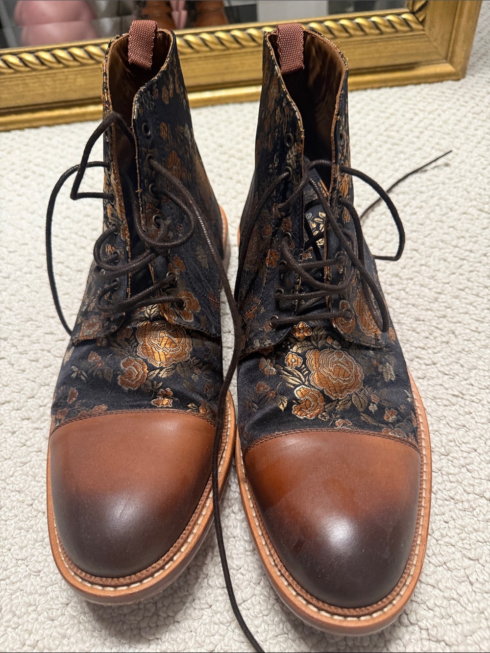 Taft Black Brocade Floral Lace-Up Boots with Brown Leather Cap - Picture 2 of 4